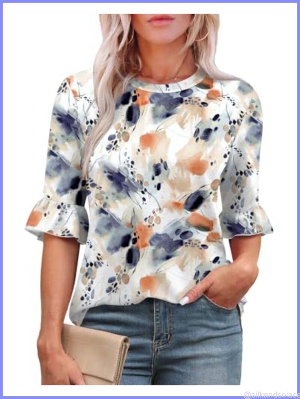 Ruffle 3/4 Sleeve Tunic Top Loose Fit Crew Neck Blouse